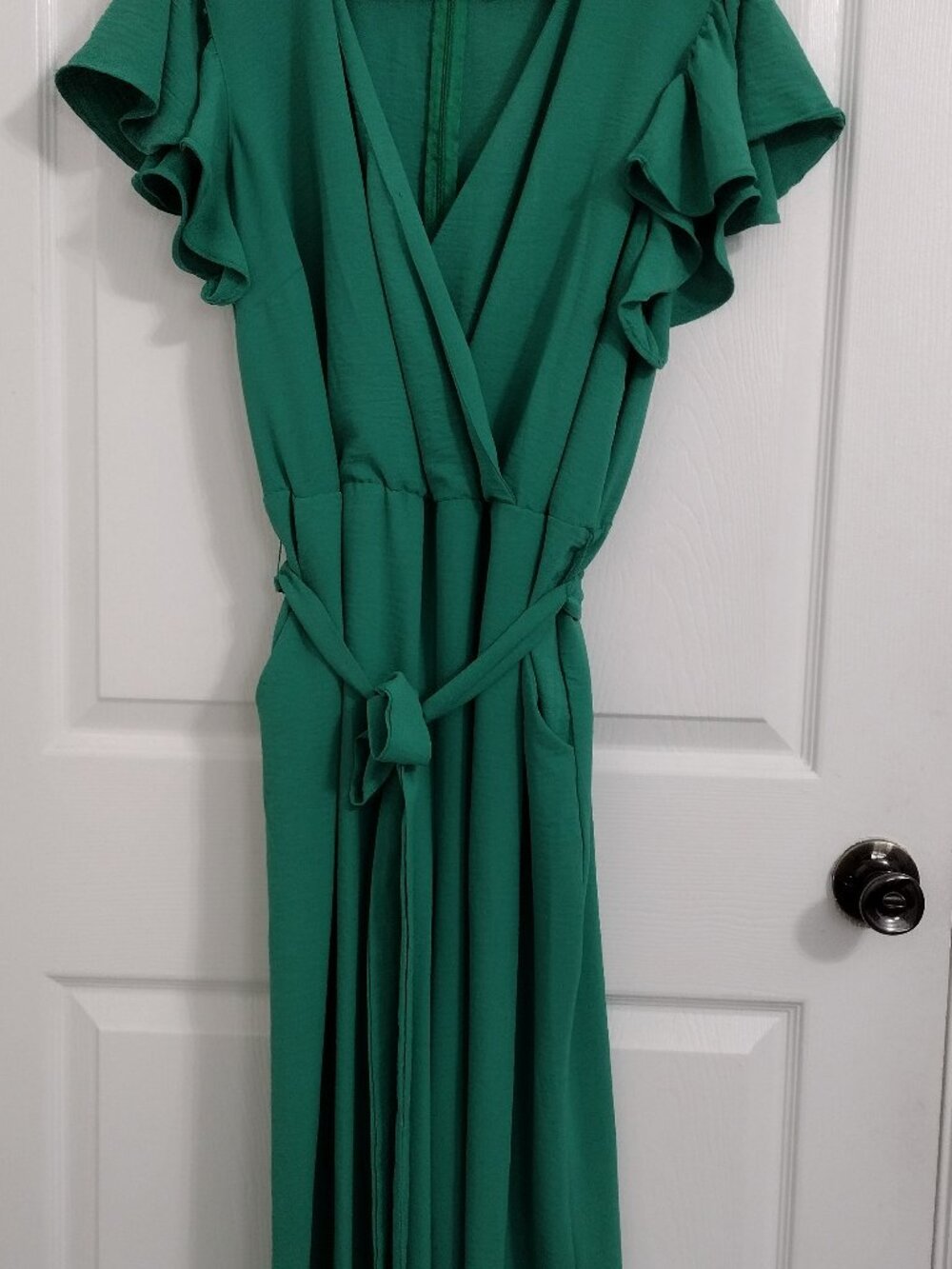MSK Emerald Green Wide Leg Jumpsuit 1X Flutter Sleeve Belted Stretch Jumpsuit - Picture 3 of 11